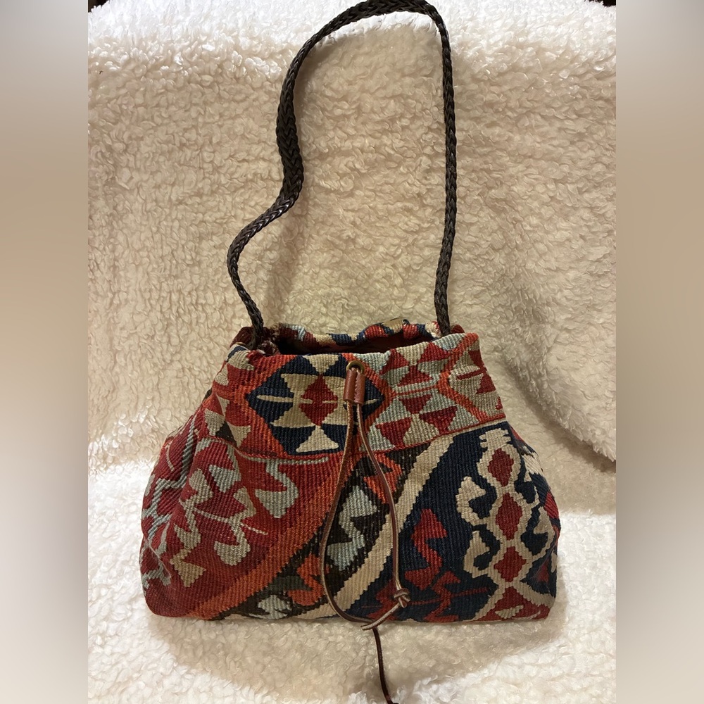 Vintage Claudia Kilim Carpet Handbag Purse with Leather Strap